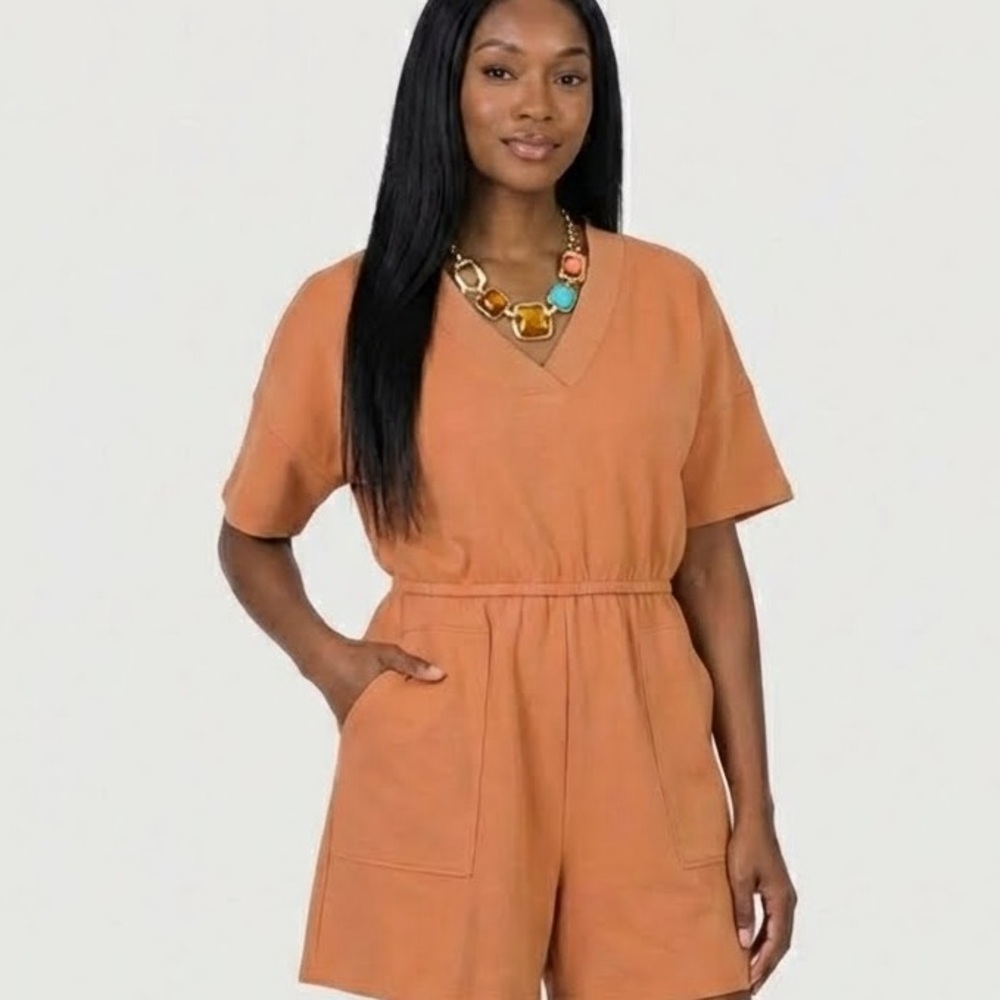 Butter Orange Plus Size Drop Shoulder V-Neck Romper with Pockets